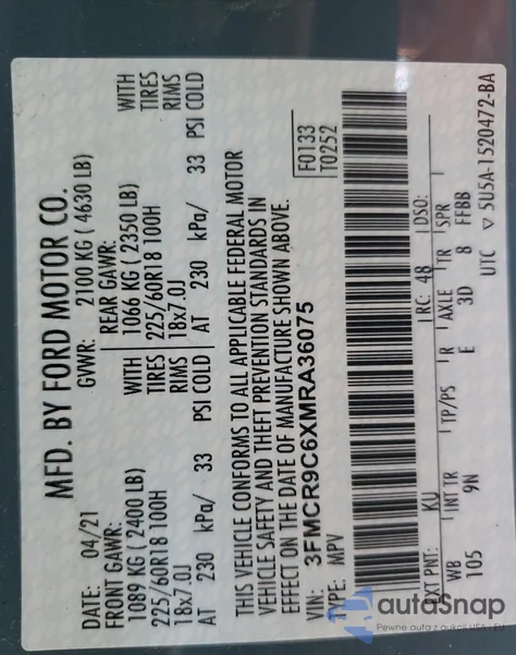 2021 Ford Bronco Sport Outer Banks из США, поврежденный, VIN 3FMCR9C6XMRA36075